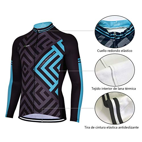 Feilaxleer Ropa Ciclismo Térmico Invierno para Hombre y Mujer - Ciclismo Maillot MTB de Manga Larga de Lana y Culotte Pantalones Acolchado 3D (Azul,L)