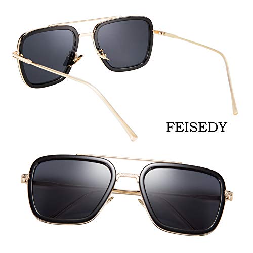 FEISEDY Gafas de sol Retro Tony Stark Gafas Iron Man Gafas de sol Gafas Cuadradas Marco de Metal para Hombre Mujer B2510