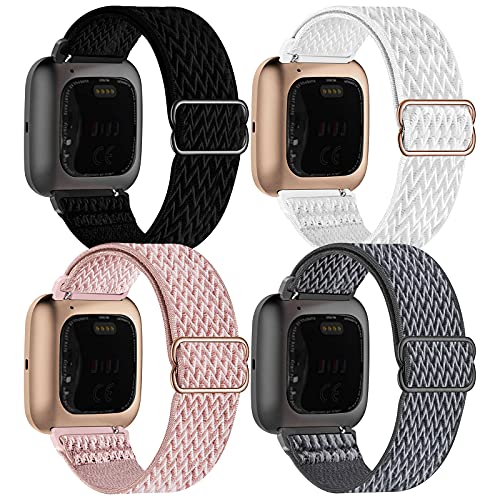 Fengyiyuda 4Pack Nylon Correa Compatible con Fitbit Versa 2/Versa/Versa Lite/Versa SE,Elástico Bandas Suaves para Relojes,Black/White/Rose Pink/Storm Gray