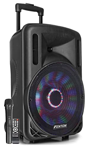 Fenton FT12LED - Altavoz portátil de 12 Pulgadas con Ruedas de 700 vatios con batería incorporada, LED, micrófono inalámbrico, Bluetooth, Reproductor de MP3 USB/SD, Control Remoto