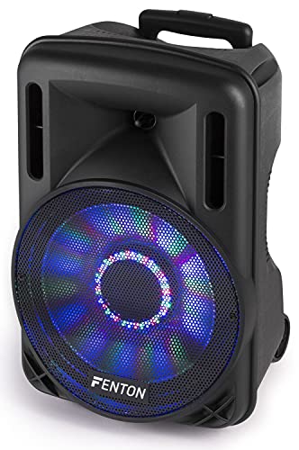 Fenton FT12LED - Altavoz portátil de 12 Pulgadas con Ruedas de 700 vatios con batería incorporada, LED, micrófono inalámbrico, Bluetooth, Reproductor de MP3 USB/SD, Control Remoto