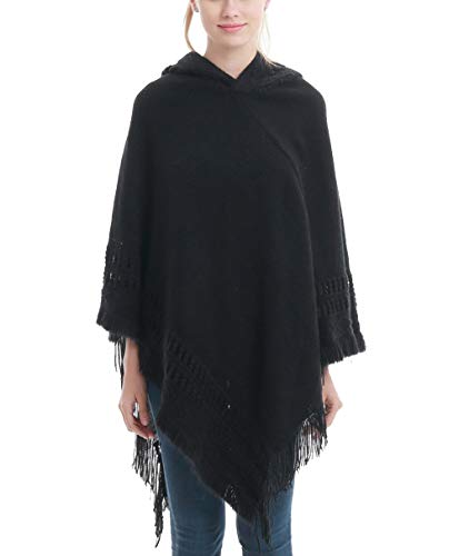 FEOYA - Mujer Ponchos Invierno Otoño Capa de Chal Chaqueta de Punto con Capucha Termica Flecos Huecos Elegante Cárdigan Talla Grande