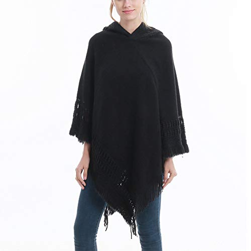 FEOYA - Mujer Ponchos Invierno Otoño Capa de Chal Chaqueta de Punto con Capucha Termica Flecos Huecos Elegante Cárdigan Talla Grande