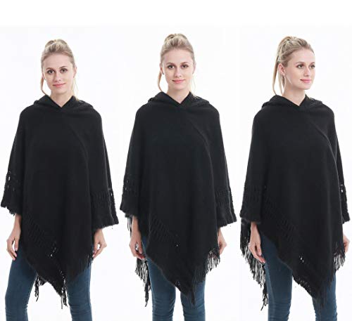 FEOYA - Mujer Ponchos Invierno Otoño Capa de Chal Chaqueta de Punto con Capucha Termica Flecos Huecos Elegante Cárdigan Talla Grande