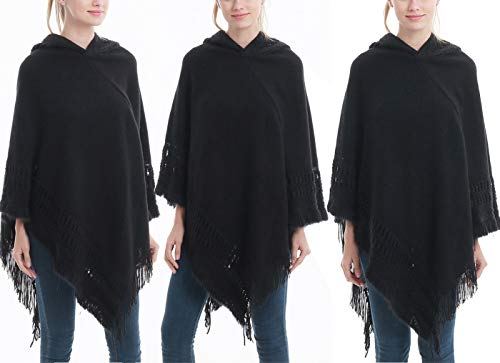 FEOYA - Mujer Ponchos Invierno Otoño Capa de Chal Chaqueta de Punto con Capucha Termica Flecos Huecos Elegante Cárdigan Talla Grande