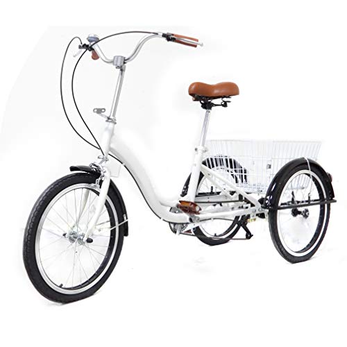 Fetcoi Triciclo de adulto de 20 pulgadas con cesta de la compra, bicicleta cargo para personas mayores, mujeres y hombres (color blanco)