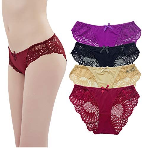 FIGHTART Braguitas para de Mujer Sexy de Seda de Encaje Ropa Interior de Mujer Hipsters Bragas, Paquete de 4