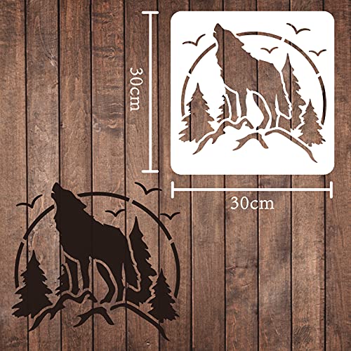 FINGERINSPIRE Plantilla de decoración de bosques de lobo de montaña de 30 x 30 cm, plantillas cuadradas reutilizables para pintar sobre madera, piso, pared y azulejos