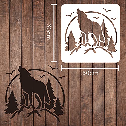 FINGERINSPIRE Plantilla de decoración de bosques de lobo de montaña de 30 x 30 cm, plantillas cuadradas reutilizables para pintar sobre madera, piso, pared y azulejos