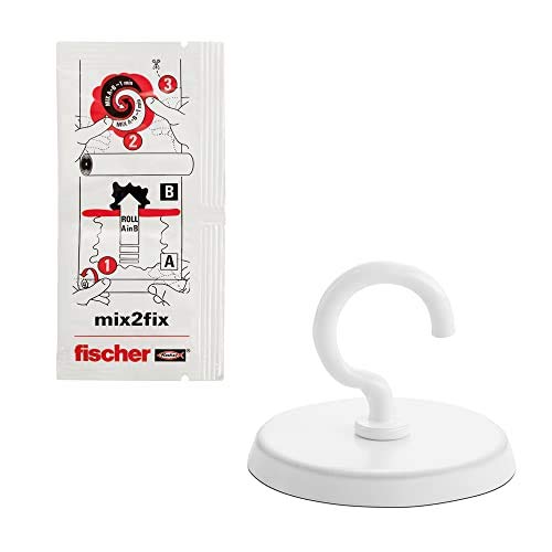 fischer SCLM - gancho cuelgafácil blanco para pared y techo, sin agujeros ni taladro, sujeta hasta 10 kgy incluye pegamento de contacto de fácil aplicación ,1 ud