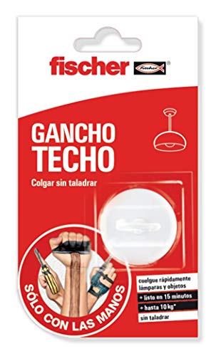 fischer SCLM - gancho cuelgafácil blanco para pared y techo, sin agujeros ni taladro, sujeta hasta 10 kgy incluye pegamento de contacto de fácil aplicación ,1 ud