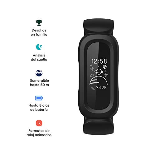 Fitbit Ace 3 pulsera de actividad para niños de +6 años con divertidos formatos de reloj animados, Resistente al agua hasta 50 m y hasta 8 días de batería, Negro/Rojo deportivo