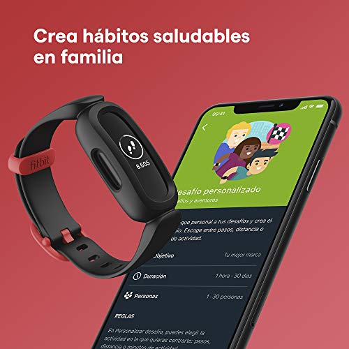 Fitbit Ace 3 pulsera de actividad para niños de +6 años con divertidos formatos de reloj animados, Resistente al agua hasta 50 m y hasta 8 días de batería, Negro/Rojo deportivo