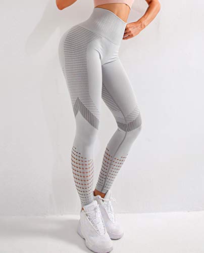 FITTOO Leggings Sin Costuras Corte Hueco Texturizado Tejido Geométrico Mujer Pantalon Deportivo Yoga Elásticos #1 Gris Medium
