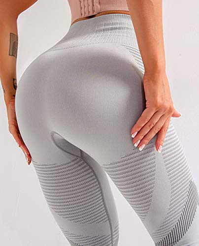 FITTOO Leggings Sin Costuras Corte Hueco Texturizado Tejido Geométrico Mujer Pantalon Deportivo Yoga Elásticos #1 Gris Medium