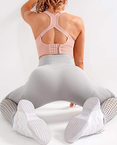 FITTOO Leggings Sin Costuras Corte Hueco Texturizado Tejido Geométrico Mujer Pantalon Deportivo Yoga Elásticos #1 Gris Medium