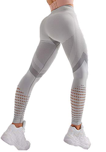 FITTOO Leggings Sin Costuras Corte Hueco Texturizado Tejido Geométrico Mujer Pantalon Deportivo Yoga Elásticos #1 Gris Medium