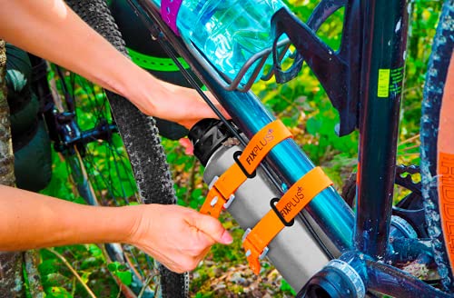 Fixplus Gear Tightener Set 46cm - Fijación de carga en la bicicleta para piezas grandes - 2x soportes de aluminio incl. tornillos + 2x correas de tensión de 46cm naranja y 2x Strapkeepers negro