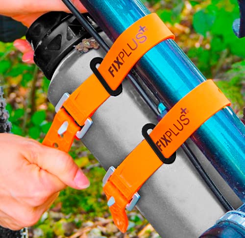 Fixplus Gear Tightener Set 46cm - Fijación de carga en la bicicleta para piezas grandes - 2x soportes de aluminio incl. tornillos + 2x correas de tensión de 46cm naranja y 2x Strapkeepers negro