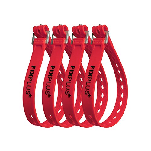 Fixplus Strap Paquete de 4 - Correa de sujeción para asegurar, Sujetar, agrupar y trincar, a Base de Material plástico Especial con Hebilla de Aluminio 46cm x 2.4cm (Rojo)