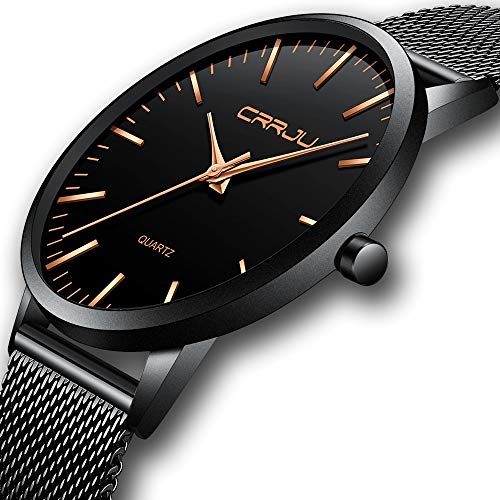 FIZILI - Reloj de pulsera para hombre, color negro, ultra delgado, minimalista, a la moda, resistente al agua, para hombres, niños, negocios, caballeros, vestido de lujo, casual, reloj de cuarzo para