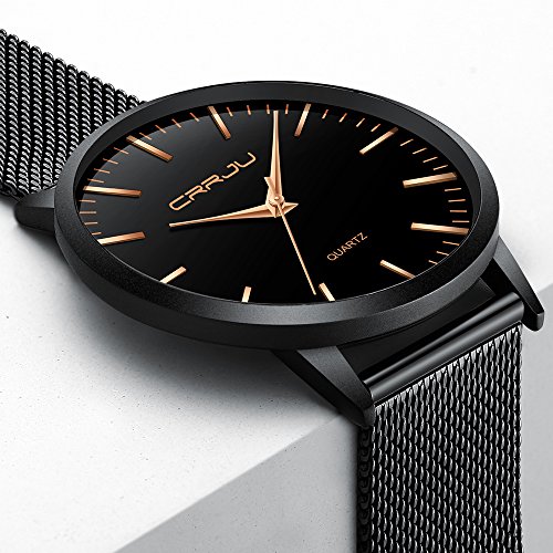 FIZILI - Reloj de pulsera para hombre, color negro, ultra delgado, minimalista, a la moda, resistente al agua, para hombres, niños, negocios, caballeros, vestido de lujo, casual, reloj de cuarzo para