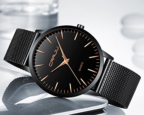 FIZILI - Reloj de pulsera para hombre, color negro, ultra delgado, minimalista, a la moda, resistente al agua, para hombres, niños, negocios, caballeros, vestido de lujo, casual, reloj de cuarzo para