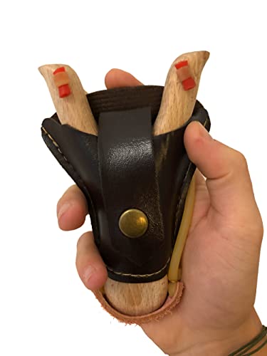 Flanacom Juego de 2 tirachinas de madera con funda de piel para fijar a la hebilla del cinturón – Guisantes – Centrifugadora de madera para niños y adultos – volantes de exterior con aspecto artesanal