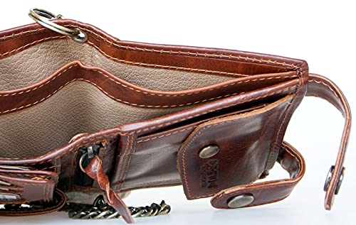 FLW Billetera marrón estilo motero de cuero genuino con cadena de metal con el escorpión