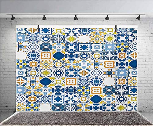 Fondo de vinilo amarillo y azul de 10 x 6.5 pies, fondo de fotografía de mosaico portugués, azulejo mediterráneo, efecto árabe, fondo para fotografía de fondo de estudio