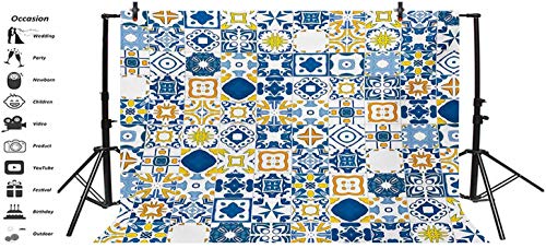 Fondo de vinilo amarillo y azul de 10 x 6.5 pies, fondo de fotografía de mosaico portugués, azulejo mediterráneo, efecto árabe, fondo para fotografía de fondo de estudio