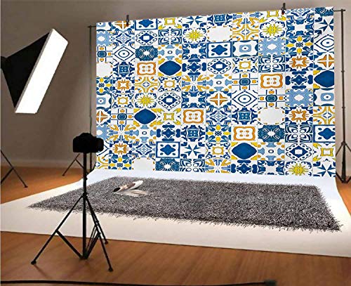 Fondo de vinilo amarillo y azul de 10 x 6.5 pies, fondo de fotografía de mosaico portugués, azulejo mediterráneo, efecto árabe, fondo para fotografía de fondo de estudio