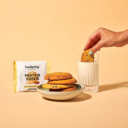 foodspring Cookie Proteica, Chocolate Blanco y Almendra, 12 x 50g, textura de galleta y almendras reales, mucha proteína, poca azúcar, snack saludable