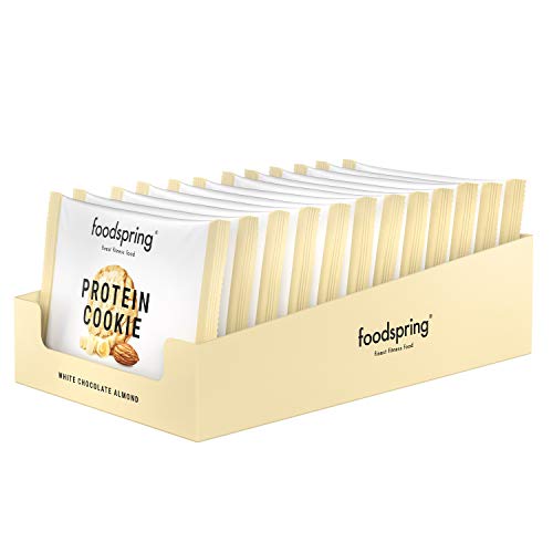 foodspring Cookie Proteica, Chocolate Blanco y Almendra, 12 x 50g, textura de galleta y almendras reales, mucha proteína, poca azúcar, snack saludable