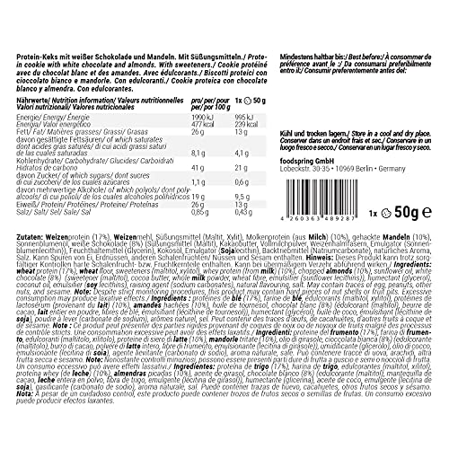 foodspring Cookie Proteica, Chocolate Blanco y Almendra, 12 x 50g, textura de galleta y almendras reales, mucha proteína, poca azúcar, snack saludable