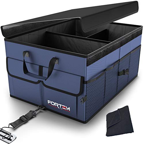 Fortem Organizador de Maletero para Coche, Caja de Almacenamiento Plegable con Compartimentos, Base Antideslizante, Correas, Bolsillos (Grande, Azul)