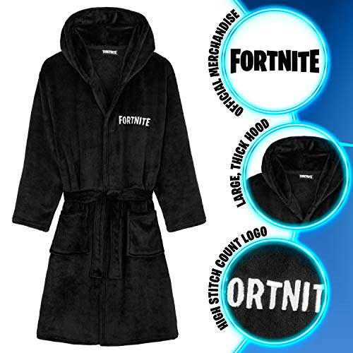 Fortnite Bata Forro Polar Niño, Albornoz Niño con Capucha y Cinturon, Batas de Casa Suaves, Regalos Para Niños y Adolescentes Edad 7-14 Años (Negro, 9-10 años)