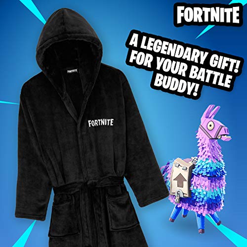 Fortnite Bata Forro Polar Niño, Albornoz Niño con Capucha y Cinturon, Batas de Casa Suaves, Regalos Para Niños y Adolescentes Edad 7-14 Años (Negro, 9-10 años)