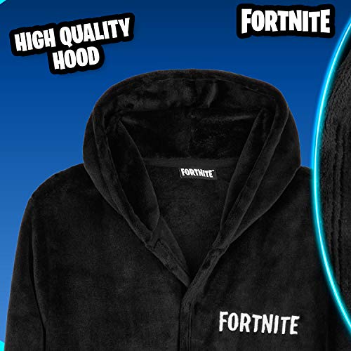 Fortnite Bata Forro Polar Niño, Albornoz Niño con Capucha y Cinturon, Batas de Casa Suaves, Regalos Para Niños y Adolescentes Edad 7-14 Años (Negro, 9-10 años)