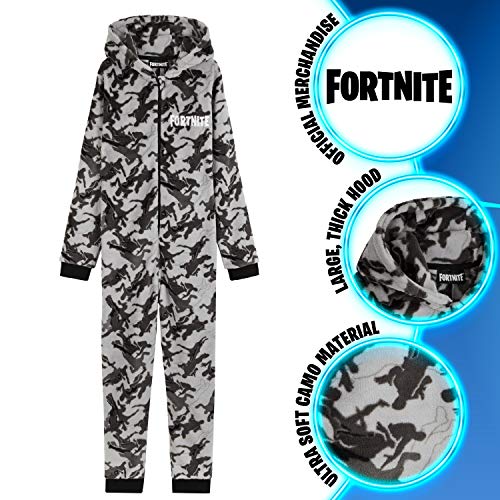 Fortnite Pijama Niño Entero con Capucha, Pijama Mono de Forro Polar, Pijamas Niños Diseño Gamer, Regalos para Niños y Adolescentes 7-14 Años (Camo Gris, 11-12 años, 11_Years)