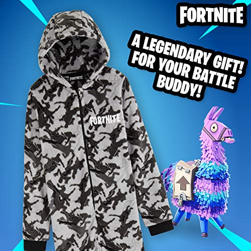 Fortnite Pijama Niño Entero con Capucha, Pijama Mono de Forro Polar, Pijamas Niños Diseño Gamer, Regalos para Niños y Adolescentes 7-14 Años (Camo Gris, 11-12 años, 11_Years)