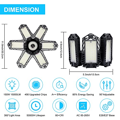 Fousômo 6+1 Luces LED para Garaje 150W 15000LM Lamparas de Techo para Garaje Paneles Deformables E26/E27 Techo Luces de la Tienda para Taller