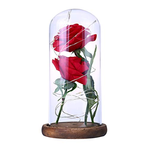 FRCOLOR Rosa de Seda Roja Y Luz Led en Cúpula de Cristal con Luces Led en Una Base de Madera-Flor de Rosa Eterna con Luz de Cadena Led Decoración del Hogar para El Día de San Valentín