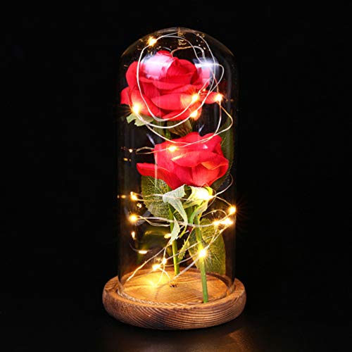 FRCOLOR Rosa de Seda Roja Y Luz Led en Cúpula de Cristal con Luces Led en Una Base de Madera-Flor de Rosa Eterna con Luz de Cadena Led Decoración del Hogar para El Día de San Valentín