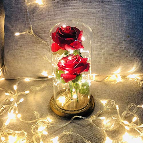 FRCOLOR Rosa de Seda Roja Y Luz Led en Cúpula de Cristal con Luces Led en Una Base de Madera-Flor de Rosa Eterna con Luz de Cadena Led Decoración del Hogar para El Día de San Valentín