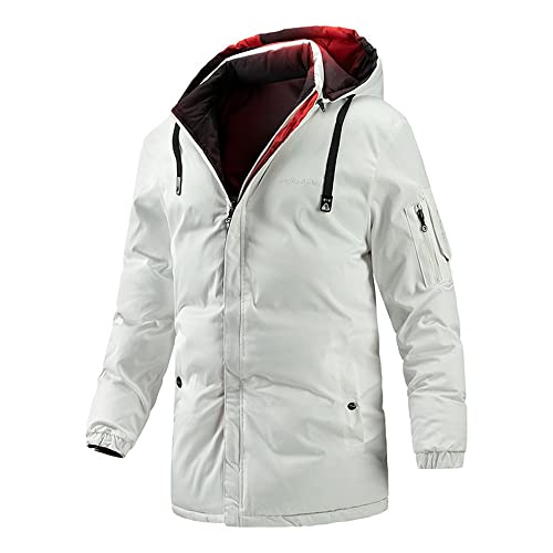 Fría Chaqueta Hombre Otoño Invierno Longitud Media Color Sólido Hombre Reversible Chaqueta Ajustado Espesamiento con Capucha Aire Libre Prueba Viento Cálido Manga Larga Chaqueta A-White XL