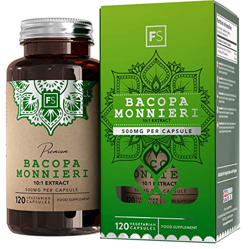FS Bacopa Monnieri Cápsulas 500mg por Porción | 120 Tabletas Veganas de Brahmi | Extracto de Bacopa | Sin OGM, Gluten o Alérgenos | Fabricado Instalaciones con Certificación ISO en el Reino Unido