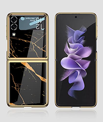 Funda Coque Galaxy Z Flip 3 5G, Carcasa para teléfono móvil Pintada Brillante de Cristal ultradelgada 9H, Funda Plegable para Samsung Galaxy Z Flip 3 5G-Marmoleado-Gold Line Negro