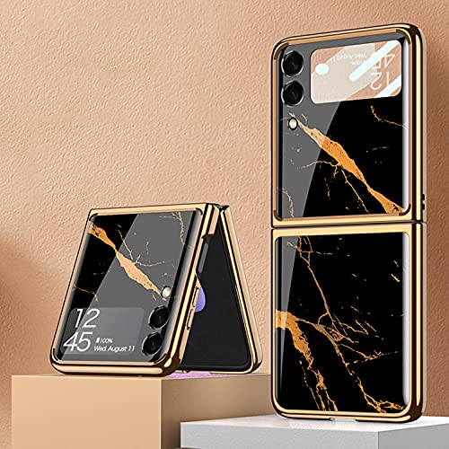 Funda Coque Galaxy Z Flip 3 5G, Carcasa para teléfono móvil Pintada Brillante de Cristal ultradelgada 9H, Funda Plegable para Samsung Galaxy Z Flip 3 5G-Marmoleado-Gold Line Negro