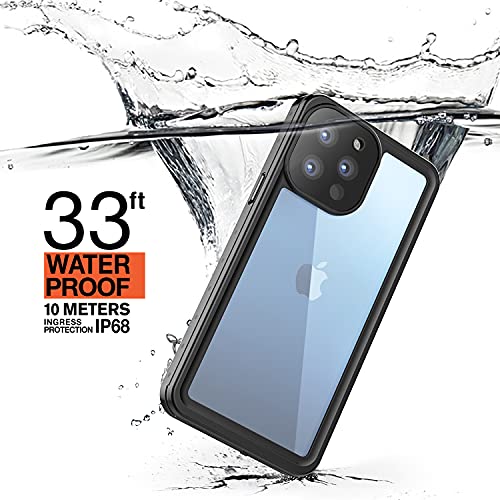 Funda Impermeable iPhone 13 Pro Max Protección IP68 Waterproof 360-Grados Case Protectora Antigolpes Anti-rasguños Impermeable Carcasa con Correa flotante para iPhone 13 Pro Max(Negro mate/Naranja)